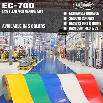 LiteMark Smooth Floor Marking Tape, EC-700 Heavy Duty Thick, Easy to Keep Clean, Warehouse, Yellow (4 Inches by 108 Feet)