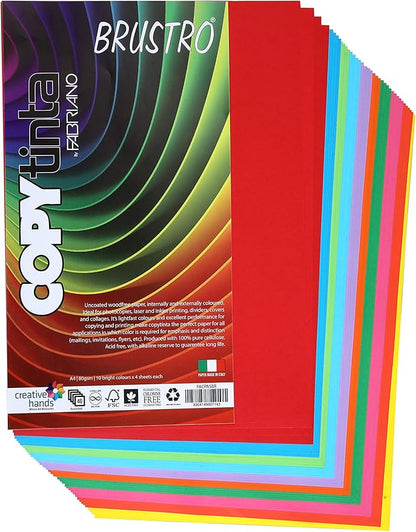Copytinta Colour Paper A4 Size 80 GSM Mixed Bright Colours 40 Sheets Pack (10 cols X 4 Sheets) Double Side Colour for Office Printing, Art and Craft.
