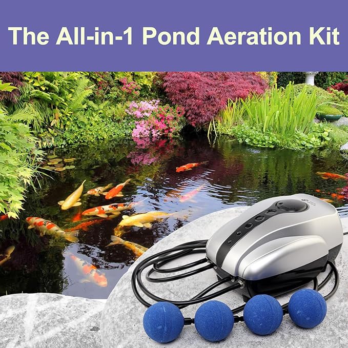 AquaMiracle Koi Pond Aerator for Pond up to 1000  2000 Gallons, All-in-One Pond Air Pump Aeration Kit with Air Stones Airline Tubing Check Valves
