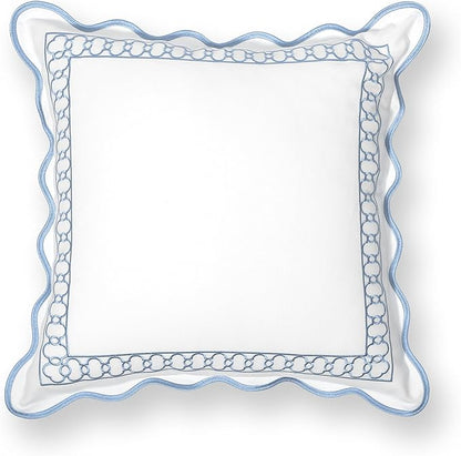 Hofdeco Premium Coastal Patio Indoor Outdoor Scalloped Lumbar Pillow Cover Only, 12"x20" Water Repellent for Backyard, Couch, Baby Blue Embroidered Begonia Pattern Chain Frame
