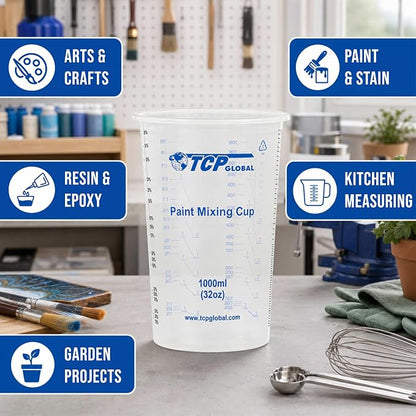 TCP Global 32 oz. (1000ml) Graduated Plastic Mixing Cups (Box of 25)