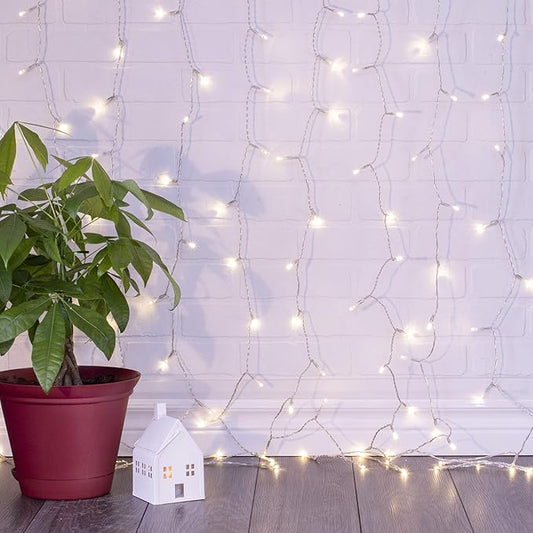 Sterno Home GL43568 IndoorOutdoor 300 LED Curtain String Light with 8 Light Motion Options, 1-Pack, Warm White with White Cord