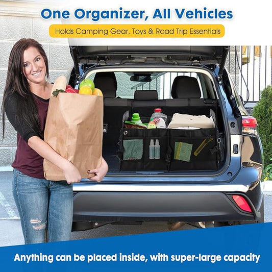 Large Car Trunk Organizer - Durable Oxford Cloth Car Storage Box with Flexible Dividers, Mesh Pockets  Foldable Design for SUVs, Cars  Groceries