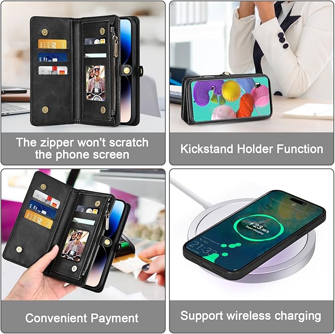 Wallet Case for Samsung Galaxy A51 4G with Detachable Magnetic Phone Case, Wrist Strap Shoulder Strap, Retro PU Leather Flip Stand Cell Phone Cover for A 51 M40S 51A A515F S51 Women Men Black