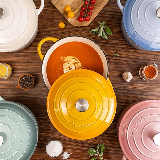 Nuovva Enamelled Cast Iron Dutch Oven Pot with Lid 6.4 Quart Non Stick Casserole Pot – Heavy Duty & Oven Safe up to 500° F for Bread Baking, Braising, Stews, Roasting – 28cm Yellow https://a.co/d/dvc0lyb
