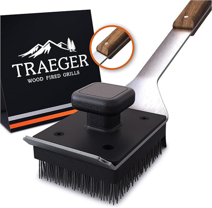 Traeger Grills BAC537 BBQ Cleaning Brush for Outdoor Grill Ai Stainless Steel Grill Scraper with Nylon Bristles, Teak Wood Handle, Dual Grip Design, and Hanging Loop