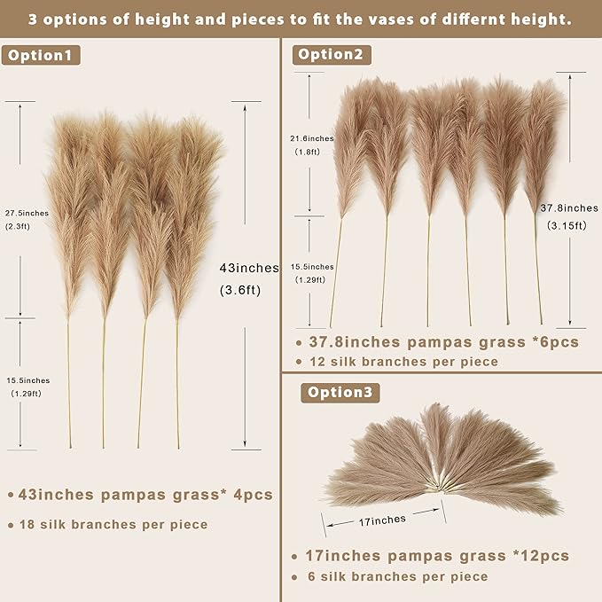 4pcs Faux Pampas Grass Tall 43” / 3.6ft, Non-Shedding Large Artificial Fluffy Reed Fake Flower Feather Arrangement for Floor Vase Filler Boho Farmhouse Home Wedding Decor (Light Brown)