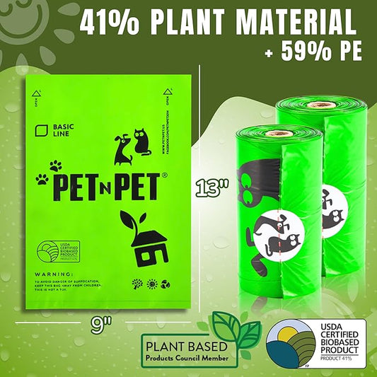 Pet N Pet 1080 Counts Green Poop Bags for Dogs, 38 Plant Based  62 PE Extra Thick Dog Poop Bags Rolls, 9" x 13", Unscented Pet Waste Bag