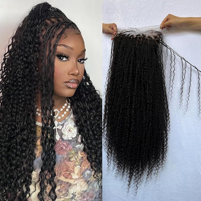 Braided Wig Human Hair Full Lace Boho Box Braids Wig Knotless 300Density Pre Plucked With Curly Ends Goddess Glueless Transparen Lace Wigs For Women Natural Color 12 Inch