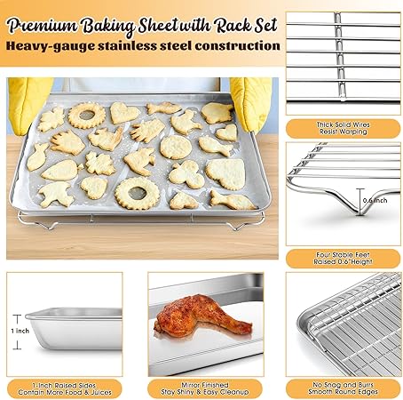 E-far Cookie Sheet with Rack Set, Half Sheet Baking Pan for Oven Cooking, 18x13 Stainless Steel Rimmed Tray with Wire Cooling Rack for Roasting Broiling Bacon Meat Steak - Dishwasher Safe