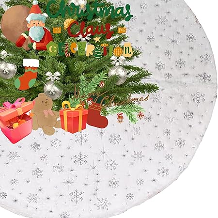 Christmas Tree Skirt, 48 Inch White Luxury Faux Fur  Silver Sequin Snowflakes, 4ft Xmas Tree Skirt for Holiday Tree for Holiday Ornaments Party