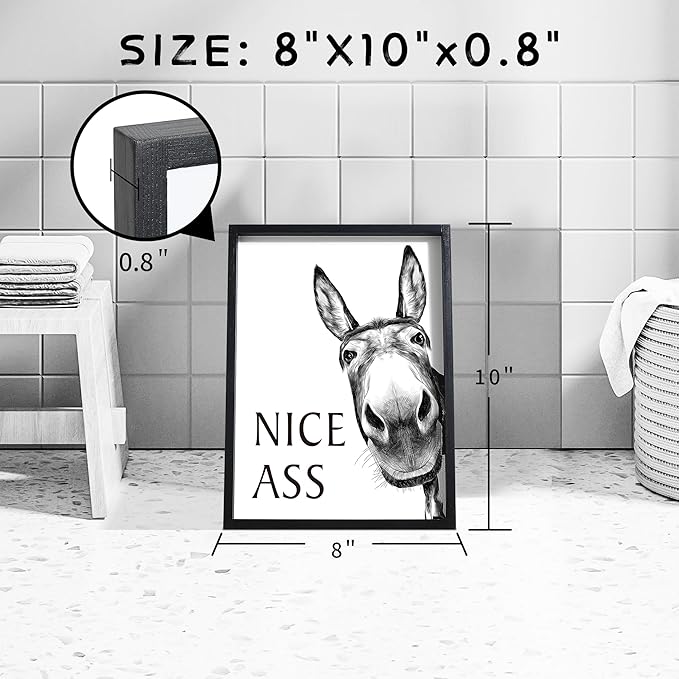 Framed Bathroom Wall Art, Donkey in Bathroom for Bathroom Wall Decor Farmhouse Home Bathroom Decor Sets Funny Bathroom Signs (8"x10",Black)