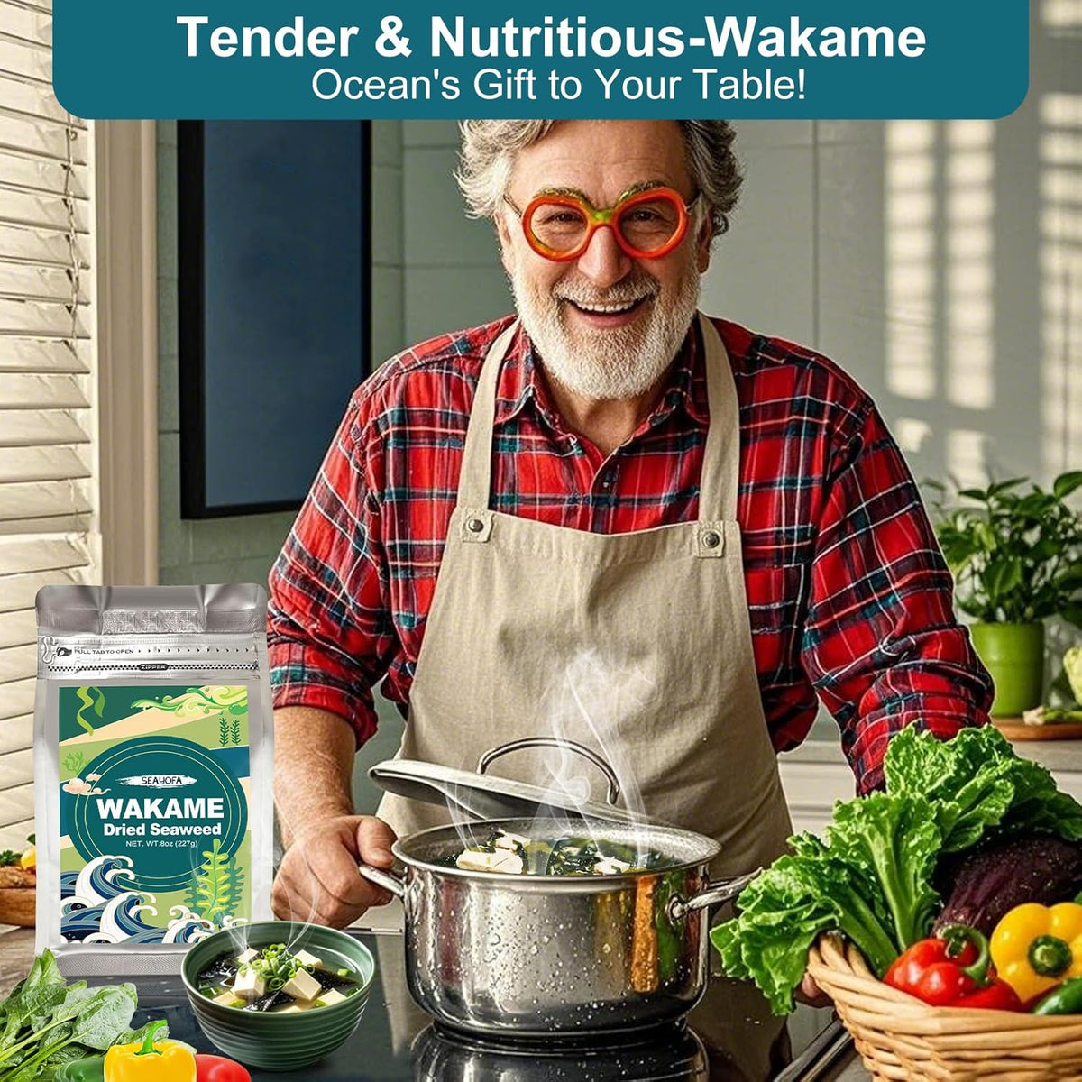 8oz (227g) Dried Wakame Seaweed – 100% Natural Sea Vegetable for Miso Soup, Seaweed Salad, Ramen, Stir-Fry, Camping Meals & Asian Cooking, Gluten-Free, Vegan-Friendly
