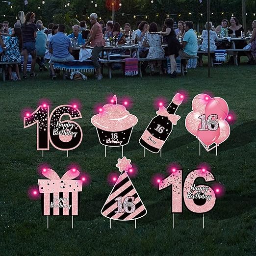 Sweet 16 Birthday Decorations - 7 Pcs Black & Pink Sweet 16 Yard Signs with Stakes, 2 Pcs LED Lights, Sparkling at Night, Weatherproof, Perfect Outdoor Lawn Decorations