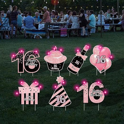 Sweet 16 Birthday Decorations - 7 Pcs Black & Pink Sweet 16 Yard Signs with Stakes, 2 Pcs LED Lights, Sparkling at Night, Weatherproof, Perfect Outdoor Lawn Decorations