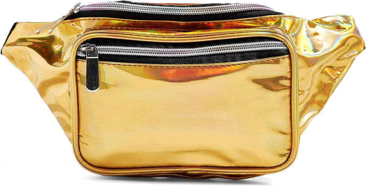 Holographic gold fanny pack, perfect for festivals, parties, and outdoor adventures, waterproof, adjustable, and spacious. Others are loving it!