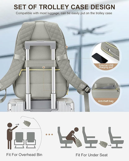 Travel Backpack for Women, Flight Approved Carry On Backpack, 15.6 Inch Laptop Backpack with USB Charging Port Water Resistant Anti-Theft Casual Daypack for Weekender Business Work, Grey Brown