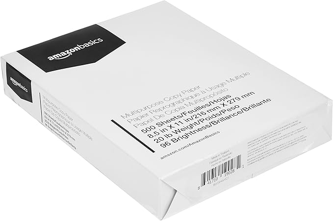 Basics Multipurpose Copy Printer Paper, 20 Pound, White, 96 Brightness, 8.5 x 11 Inch, 1 Ream , 500 Sheets Total