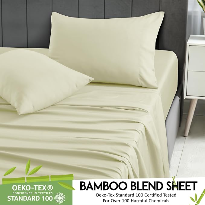 LUX Décor Bamboo Viscose Sheet Sets - Organic 35% Viscose derived from Bamboo Rayon Blend with 65% Polyester - Cooling, Breathable & Soft, Hotel Luxury Experience – King, Beige