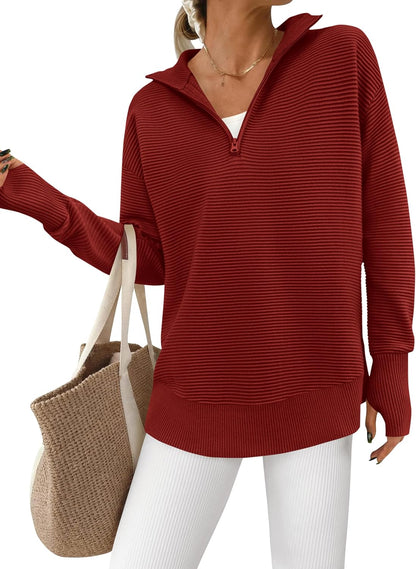 PRETTYGARDEN Womens Long Sleeve Quarter Zip Pullover Sweater Casual Loose V Neck Collared Ribbed Knit Jumper Tops Thumb Hole