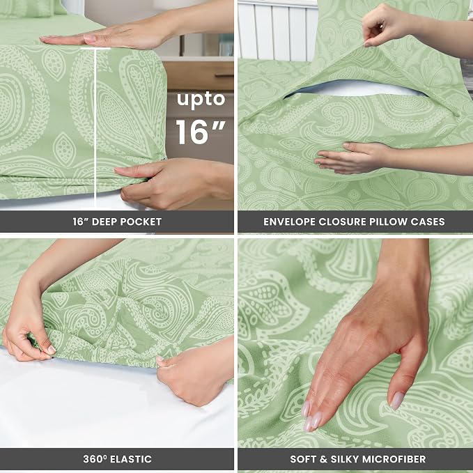 Paisley King Sheet Set 6 Piece, 16" Deep Pocket Soft Microfiber, LUX Décor Boho Print Wrinkle-Free Breathable Cooling Sheets, Fade and Shrink Resistant, OEKO-TEX, 4 Pillowcases, Sage Green