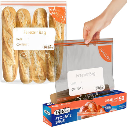 Dirose 2 Gallon Reclosable Bags 150 count- Double Zipper, Heavy Duty, Clear Plastic Storage Bags for Food, and Household Use