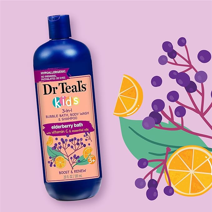 Dr Teal's Kids 3-in-1 Bubble Bath, Body Wash  Shampoo, Boost  Renew Elderberry with Vitamin C, 20 fl oz. (Pack of 3)