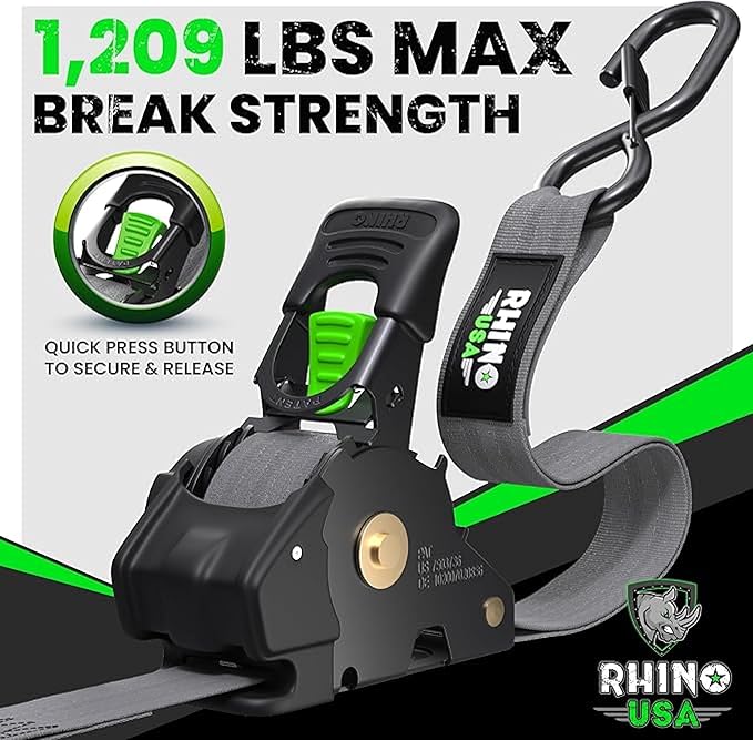 Rhino USA Retractable Ratchet Straps (2-Pack) - 1 Inch x 10 Feet (1,209lb Break Strength) - Heavy Duty Auto Self Retracting Tie Down Straps for Truck, Cargo Trailer, Motorcycle, Rad & More - Gray