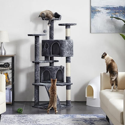 Yaheetech Cat tree tower, large plush multi-level condominium furniture with sisal scratching posts and 2 hanging balls gray color