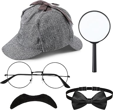 Kasyat 6 Pcs Detective Costume Accessories Adult Detective Hat Man Inspector Costume Set for Halloween Costume