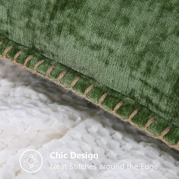decorUhome Fall Chenille Soft Cozy Throw Pillow Covers 16x16 Set of 2, Modern Farmhouse Boho Velvet Decorative Pillow Cases with Stitched Edge for Couch Sofa Bed Home Decor, Forest Green