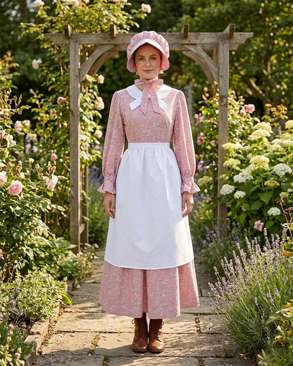 LTAKK Colonial Dress Women Prairie Pioneer Costume | Floral Dresses with Apron, Bonnet for Civil War, Revolutionary War Dress-Up, Pilgrim, Historical Reenactment, Amish Outfit