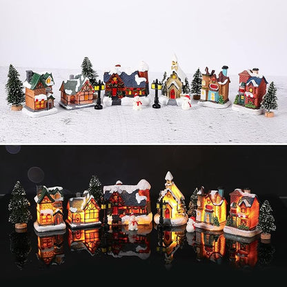 Zubebe 22 Pcs Christmas Village Houses Sets LED Holiday Village Figurines Collection Buildings Christmas Scene Desktop Ornaments Xmas Indoor Room(Cute Style)