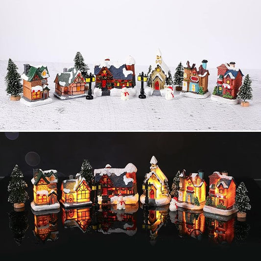 Zubebe 22 Pcs Christmas Village Houses Sets LED Holiday Village Figurines Collection Buildings Christmas Scene Desktop Ornaments Xmas Indoor Room(Cute Style)