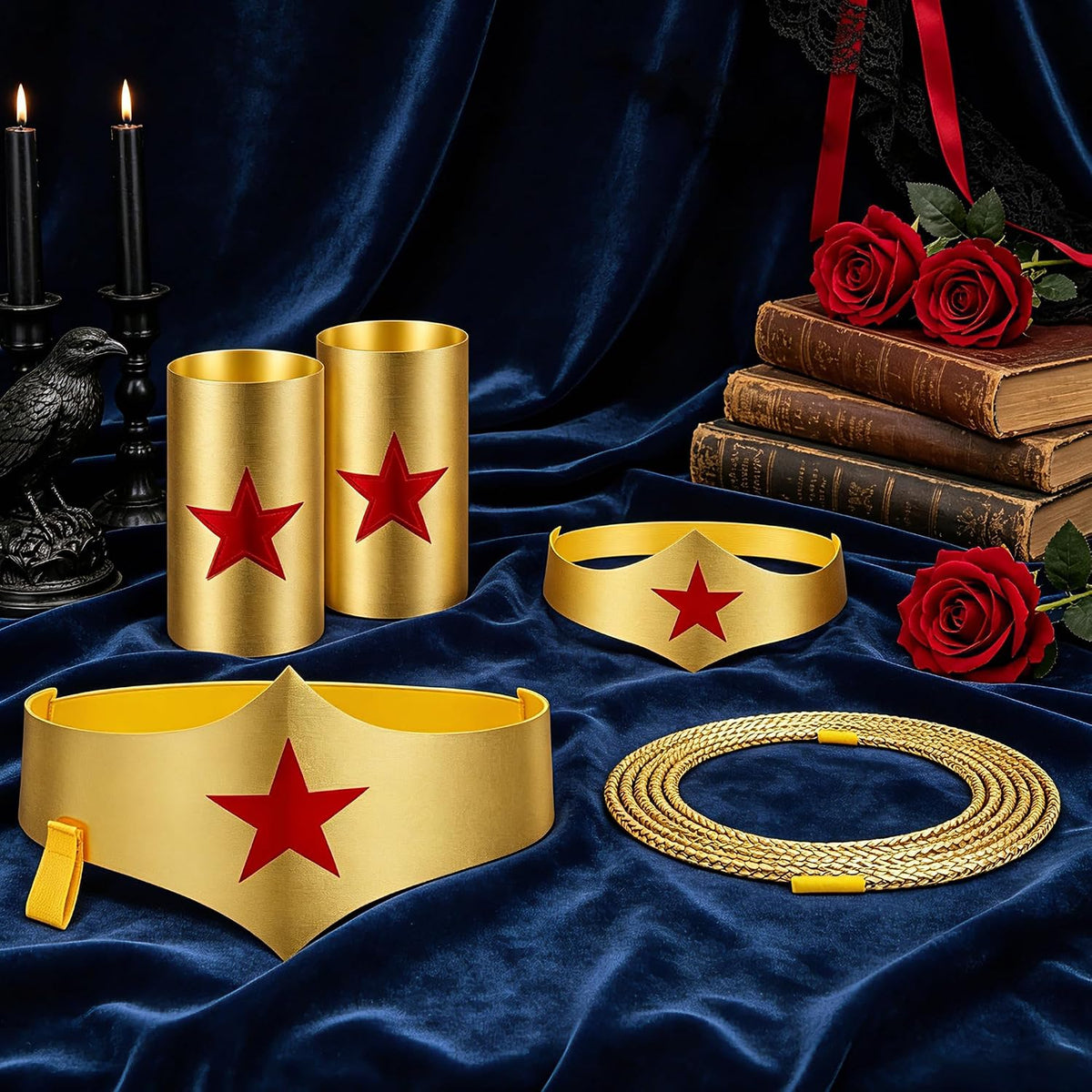Halloween Woman of Wonder Costume Accessories Cosplay Set: Gold Tiara, Belt, wrist bands, 3 Meters Lasso
