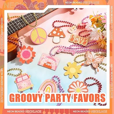 48 Pcs Groovy Beaded Necklaces Metallic Retro Hippie Boho Party Necklaces Bulk Daisy Rainbow Peace Retro Party Favors for Women Groovy Birthday Party Supplies, 12 Styles