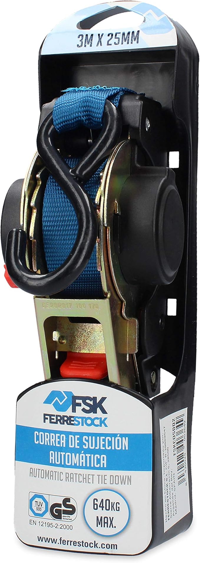 FSKCOS002 Tie Down Strap with Ratchet, Reinforced Steel Hooks and Automatic Pick Up System, Blue