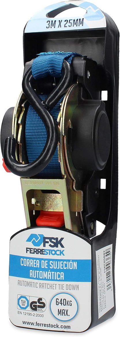FSKCOS002 Tie Down Strap with Ratchet, Reinforced Steel Hooks and Automatic Pick Up System, Blue