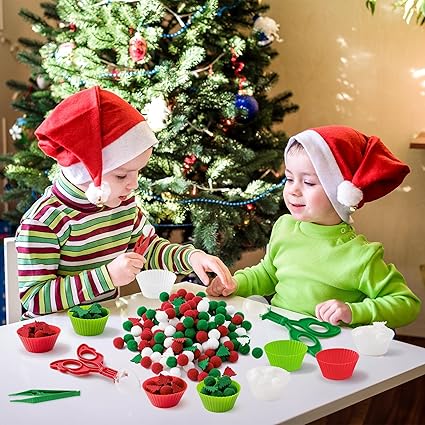EZdhuawuse Christmas Fine Motor Toys - 270Pcs Winter Counting Sorting Sensory Bin Filler Set for Kids Xmas Counting Toy with Felt Christmas Tree Pom Poms Cup Clip for Preschool Education Activities