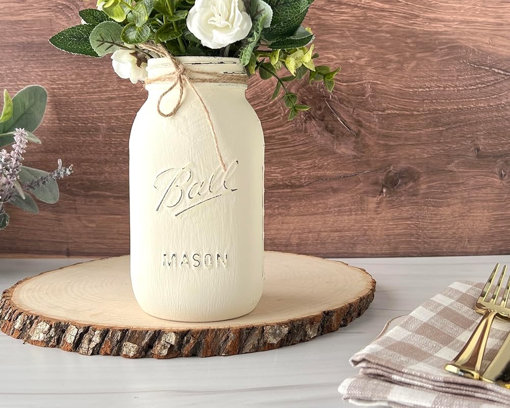 Ivory - Hand Painted and Distressed Mason Jar - Quart 32 oz. Regular Mouth, Rustic Farmhouse Painted Mason Jars, Vase For Wedding Centerpiece, Painted Mason Jar Quart, Rustic Mason Jars for Wedding