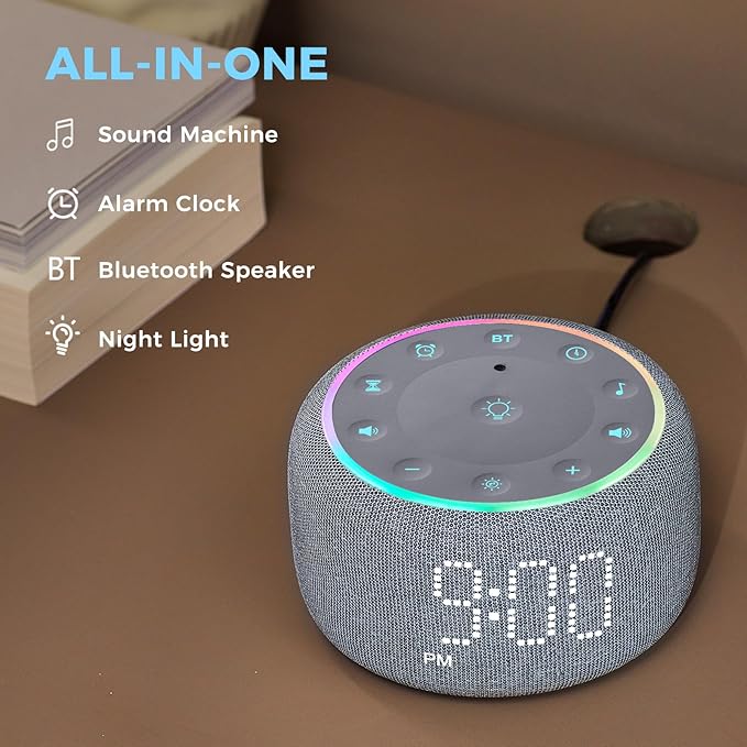 White Noise Machine Alarm Clock for Bedrooms - 5W Stereo Bluetooth Speaker - 24 Soothing Sounds - 9 Night Lights - Auto-Dimmable Digital Alarm Clock Sound Machine for Sleeping