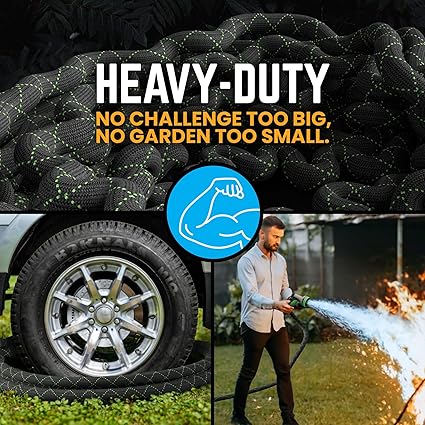PowerFlow Garden Hose, NON-EXPANDABLE 25 Feet Premium Quality Stainless Steel Metal Water Hose with Durable Fabric Skin, Hose For Commercial, Residential Use, Bonus 10-way Spray Nozzle (25 Ft, Black)