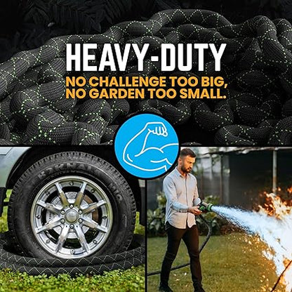 PowerFlow Garden Hose, NON-EXPANDABLE 25 Feet Premium Quality Stainless Steel Metal Water Hose with Durable Fabric Skin, Hose For Commercial, Residential Use, Bonus 10-way Spray Nozzle (25 Ft, Black)