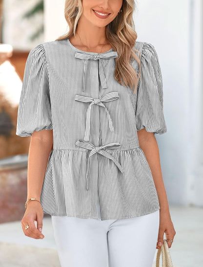 PRETTYGARDEN Women Striped Tie Front Babydoll Peplum Tops | Short Puff Sleeves, Lightweight Crew Neck Blouse, Hidden Buttons, Spring Summer Shirts for Casual Outing, Date Night, Party .