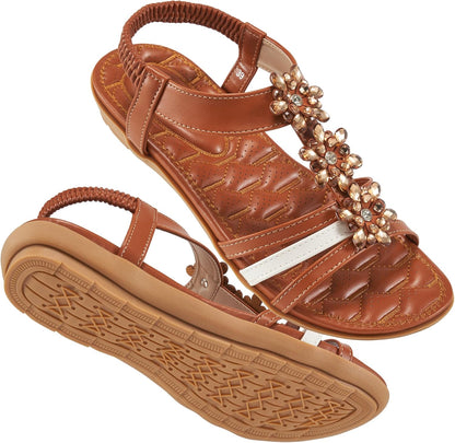 Sandals for Women Flats Shoes: Elastic Ankle Strap Casual Summer Womens Flat Sandals Open Toe Comfortable Dressy Black Walking Shoes