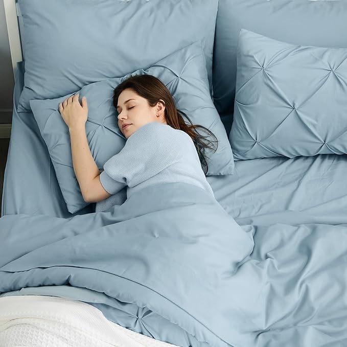 Bedsure King Size Comforter Set Light Blue - Bed in a Bag King Size 7 Pieces, GentleSoftTM Pintuck Bed Set Gift for Family, Pinch Pleat Light Blue Comforter with Sheets, Pillowcases  Shams