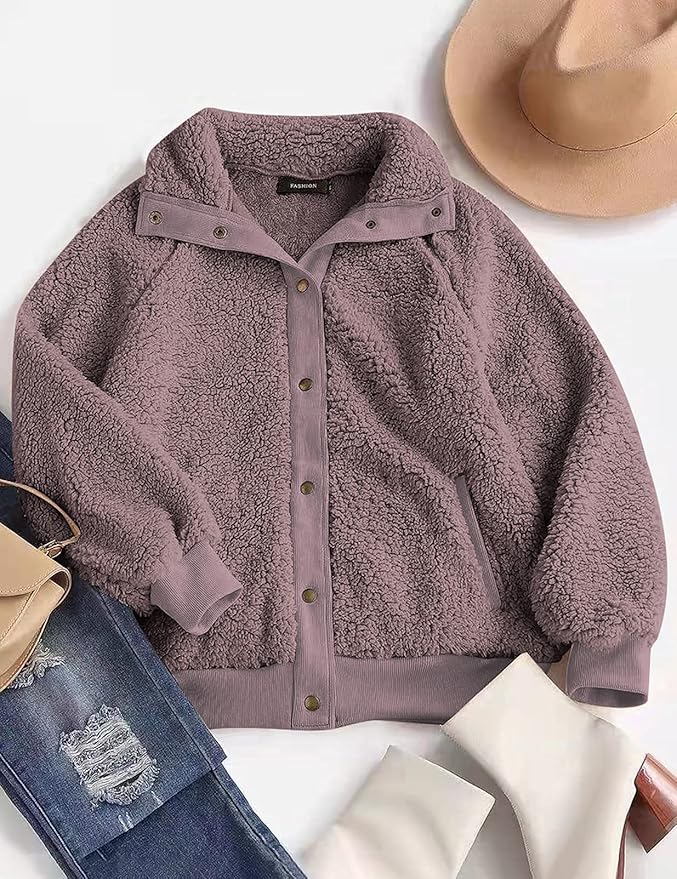 MEROKEETY Women's 2025 Winter Long Sleeve Button Sherpa Jacket Coat Pockets Warm Fleece