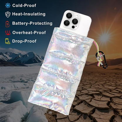 Lyreh Thermal Phone Case, 7.48x4.13in Down Cotton Thermal Warm Cellphone Pouch with Drawstring and Carabiner Clip Outdoor Phone Cover Bags Accessory for Overheating Cooling Sun Protection