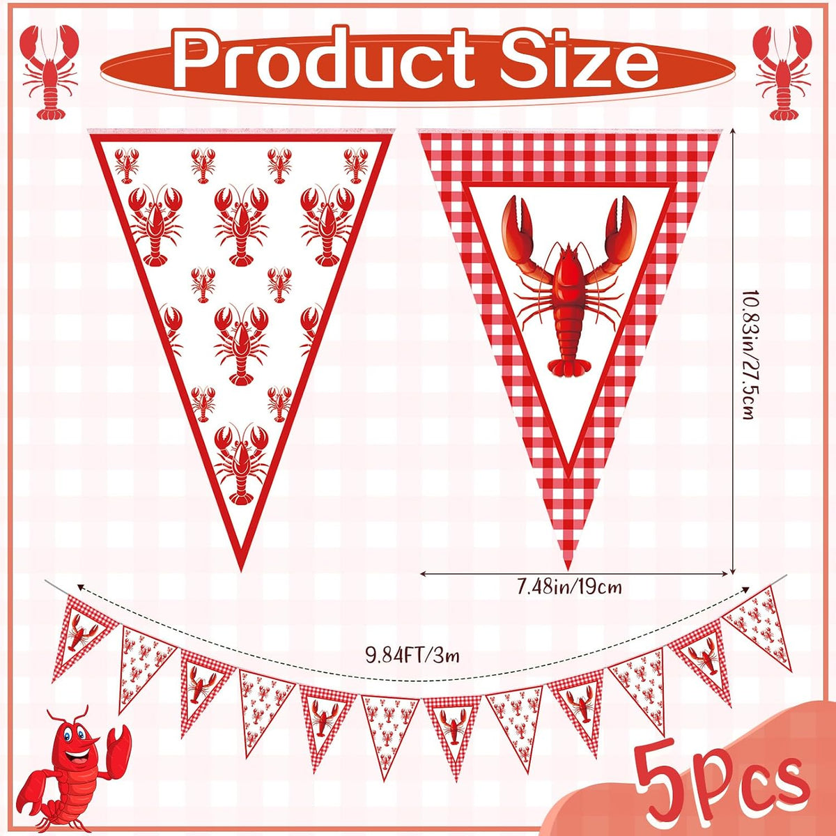 Boao 5 Pcs Crawfish Boil Party Decorations Crawfish Pennant Banner 49ft Shrimp Boil Pennant Flags Red Plaid Hanging Banner for Birthday Lobster Mardi Gras Summer Shrimp Party Supplies(box damaged)
