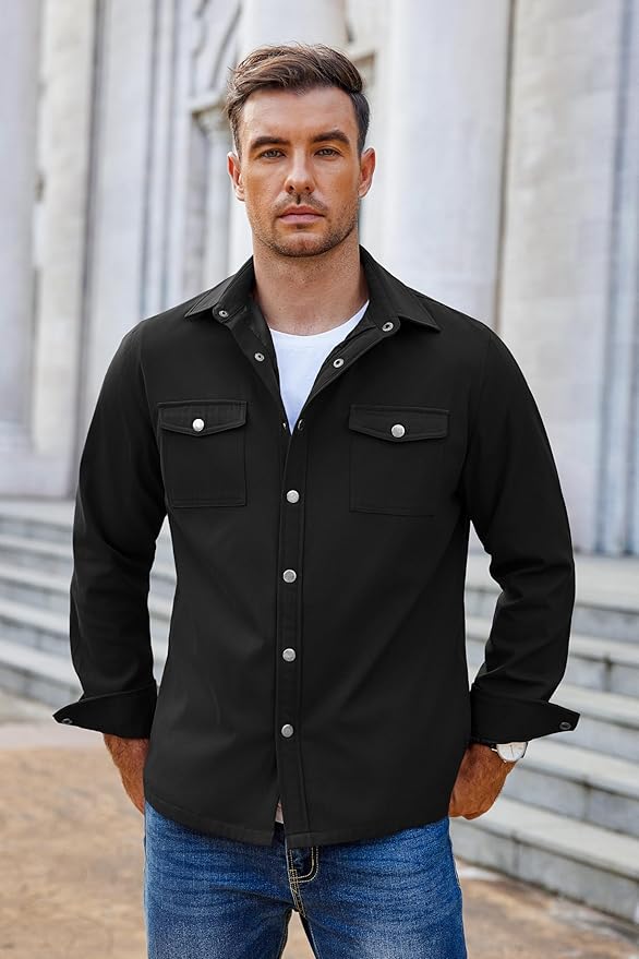 COOFANDY Men's Casual Lightweight Shirt Jacket Work Shacket Jackets Military Button Down Overshirt With Flap Pockets
